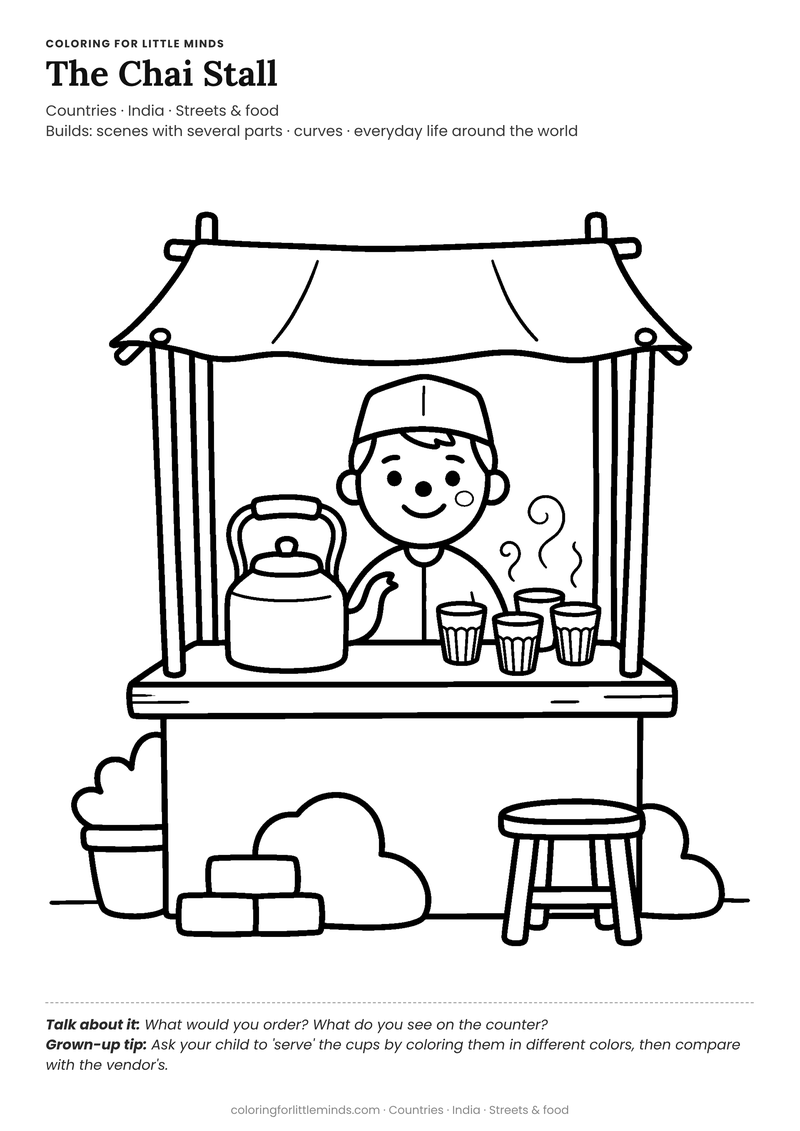 Chai stall coloring page for ages 4–5 — free full-size printable PDF