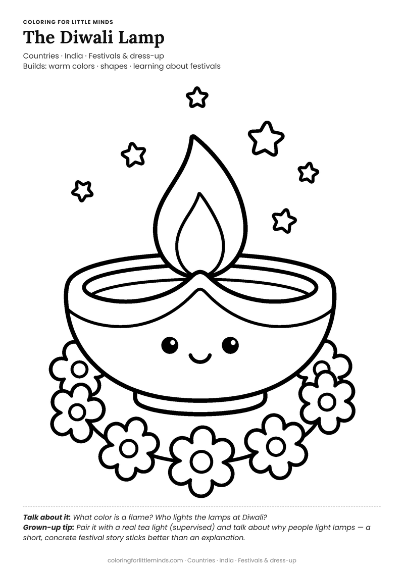 Diwali diya coloring page for ages 3–4 — free full-size printable PDF