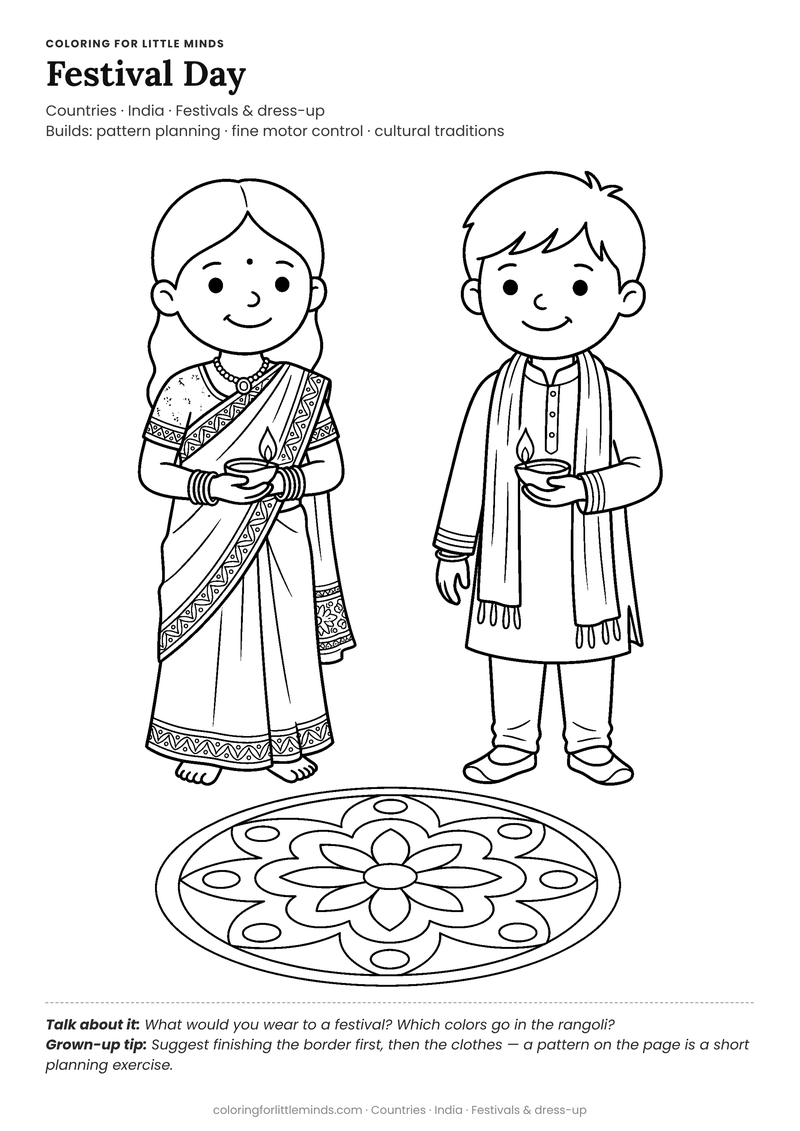 Indian festival dress coloring page for ages 5–6 — free full-size printable PDF