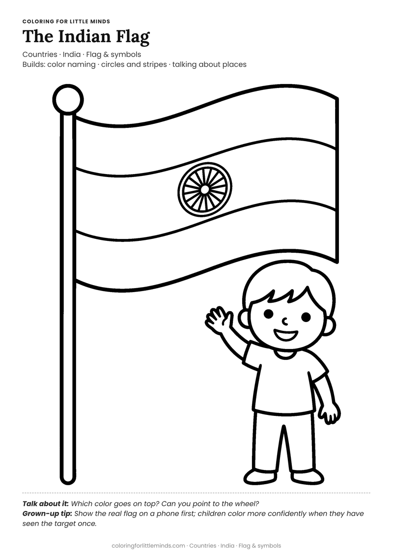 India flag coloring page for ages 3–4 — free full-size printable PDF