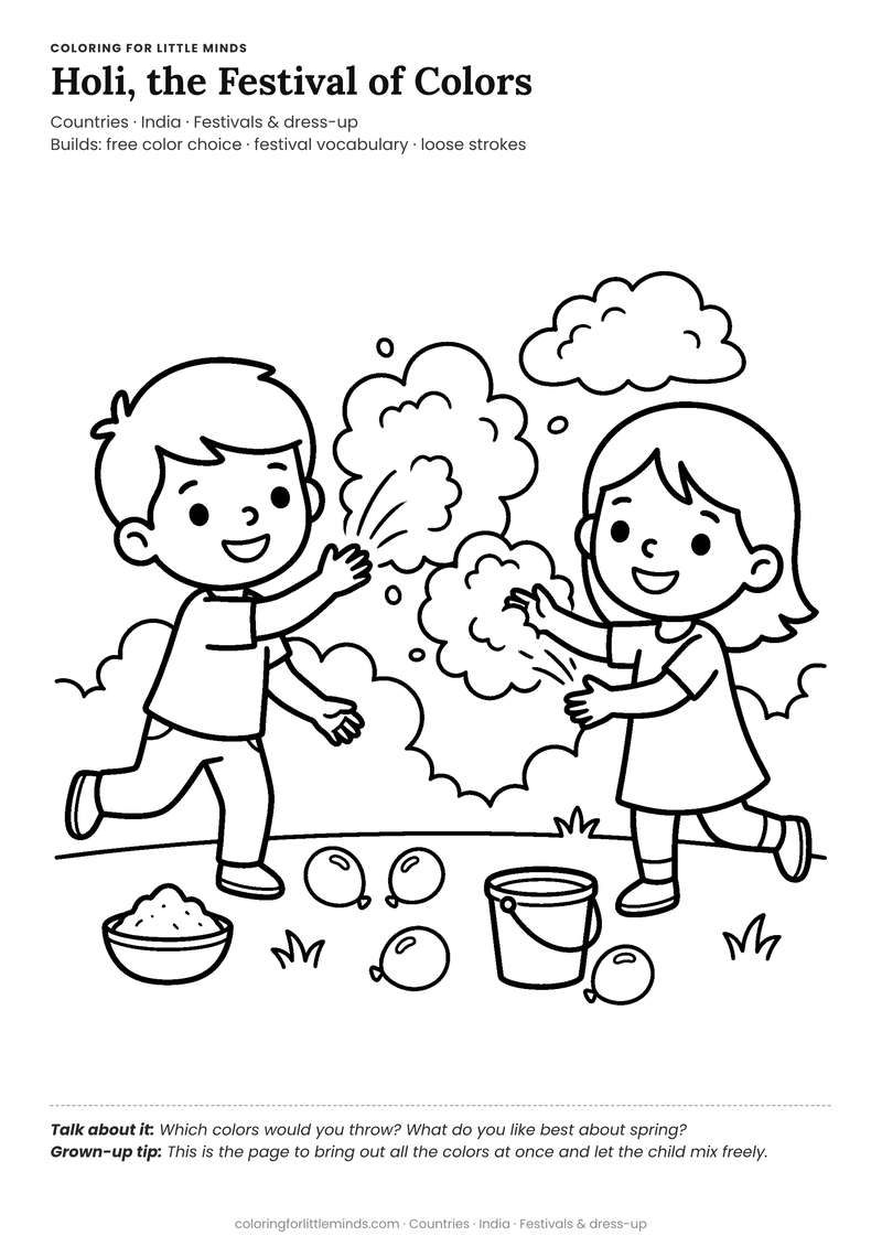Holi coloring page for ages 4–5 — free full-size printable PDF