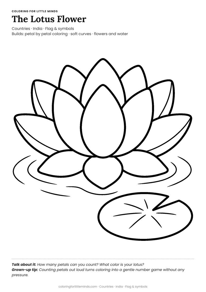 Lotus flower coloring page for ages 3–4 — free full-size printable PDF