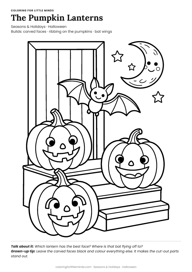 Jack-o-lantern coloring page for ages 5–6 — free full-size printable PDF