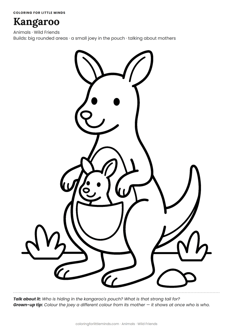 Kangaroo coloring page for ages 4–5 — free full-size printable PDF