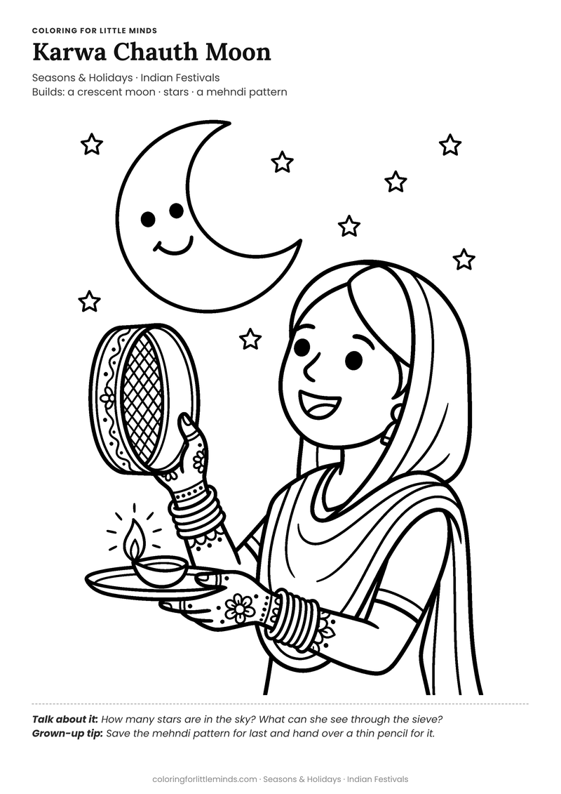 Karwa chauth moon coloring page for ages 5–6 — free full-size printable PDF