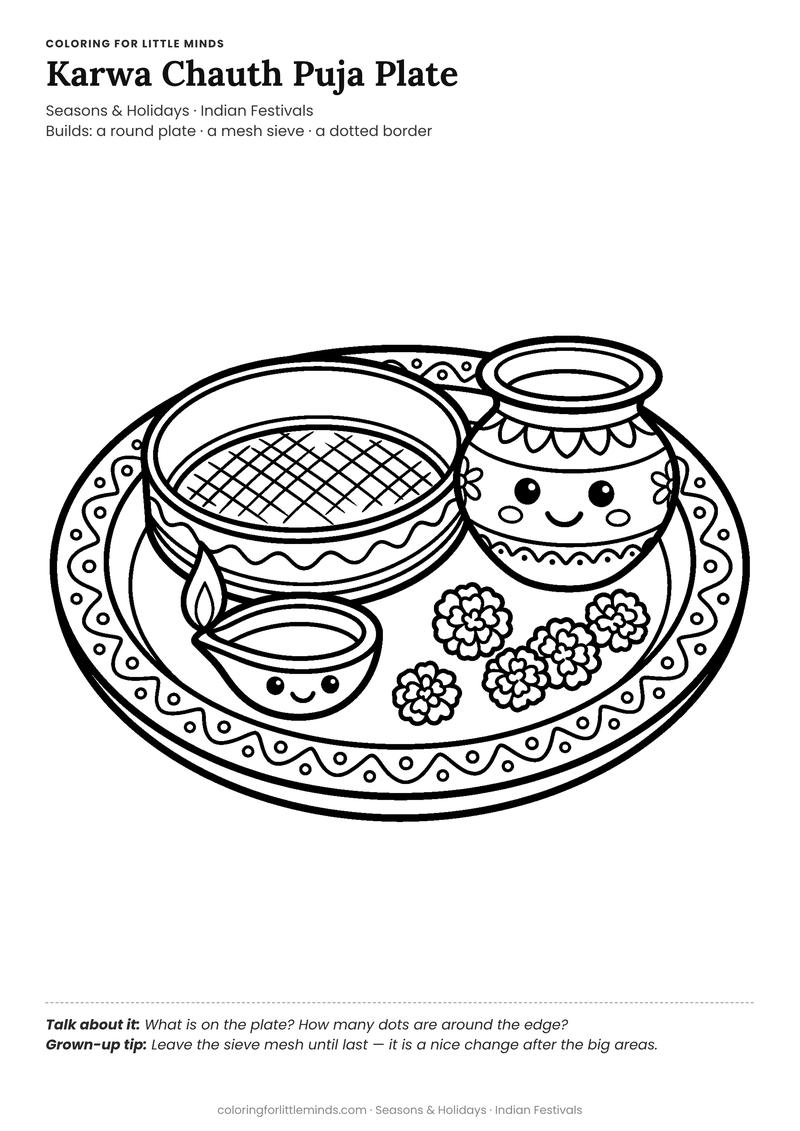Karwa chauth puja plate coloring page for ages 4–5 — free full-size printable PDF