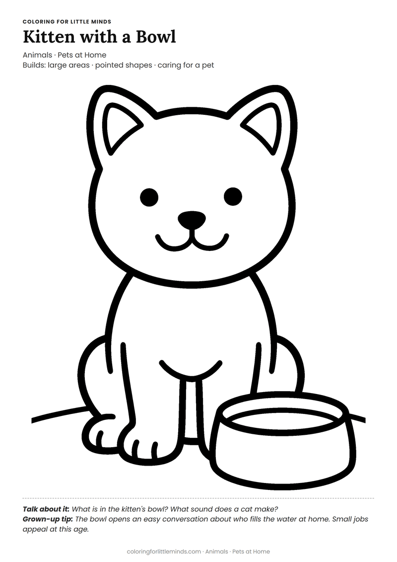 Kitten coloring page for ages 3–4 — free full-size printable PDF