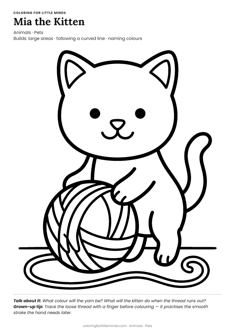 Kitten coloring page for ages 3–4 — free full-size printable PDF