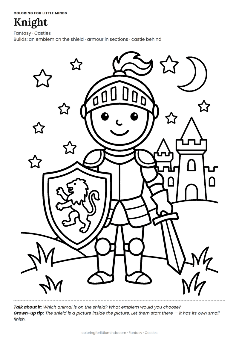 Knight coloring page for ages 5–6 — free full-size printable PDF