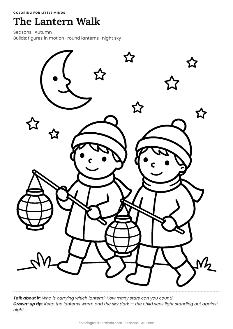 Lantern walk coloring page for ages 4–5 — free full-size printable PDF