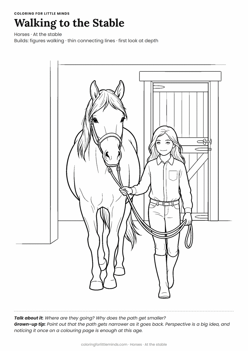 Leading a horse coloring page for ages 6–8 — free printable preview