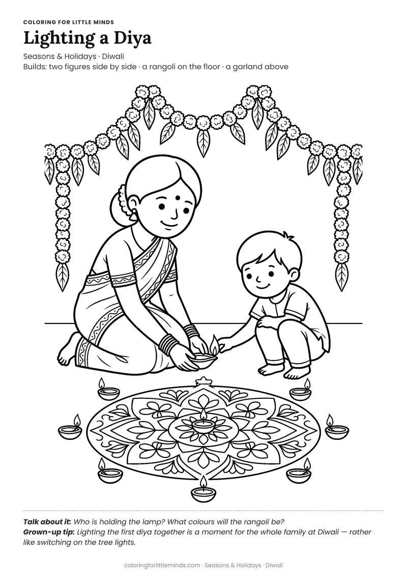 Lighting a diya coloring page for ages 6–8 — free full-size printable PDF
