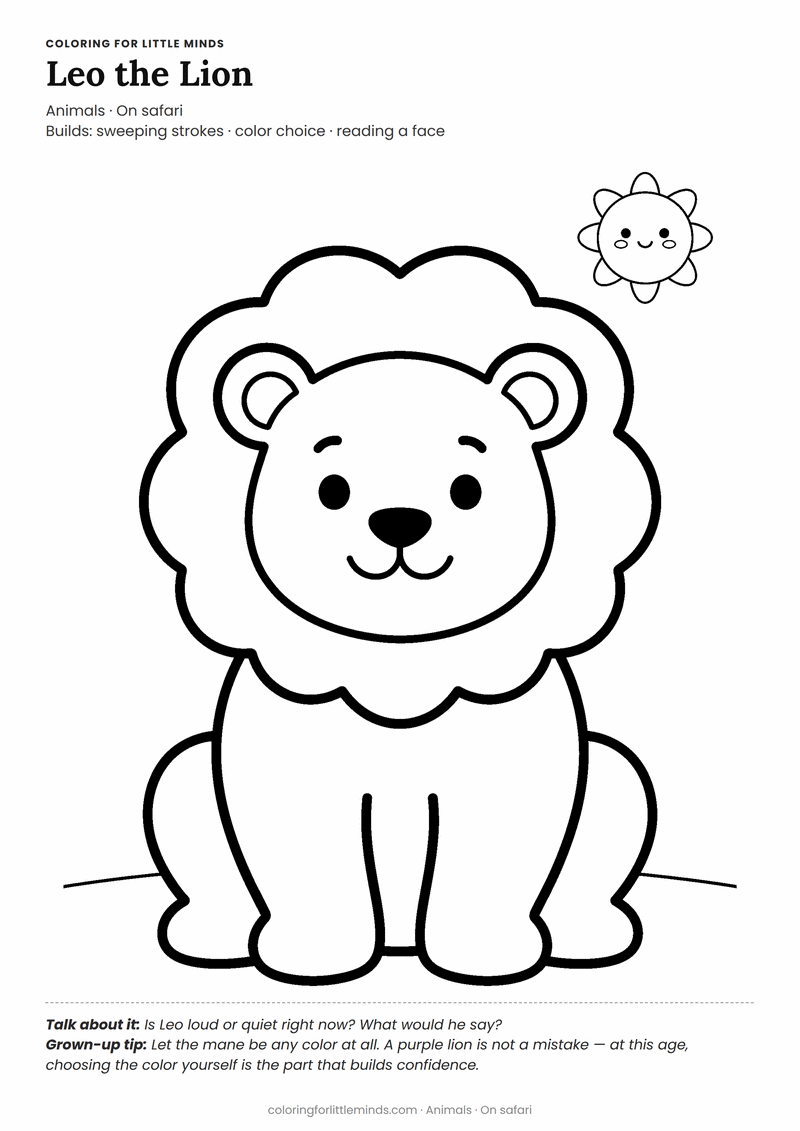 Lion coloring page for ages 3–4 — free printable preview