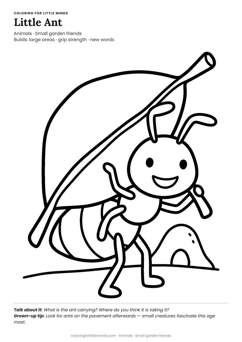Ant coloring page for ages 3–4 — free full-size printable PDF