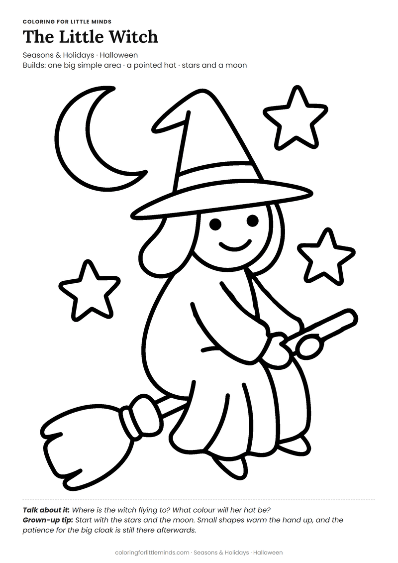 Witch coloring page for ages 4–5 — free full-size printable PDF