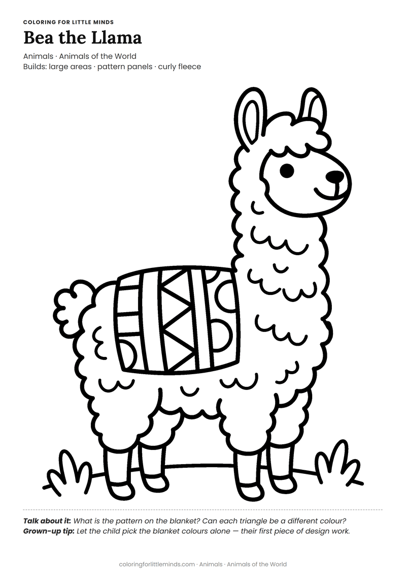 Llama coloring page for ages 3–4 — free full-size printable PDF