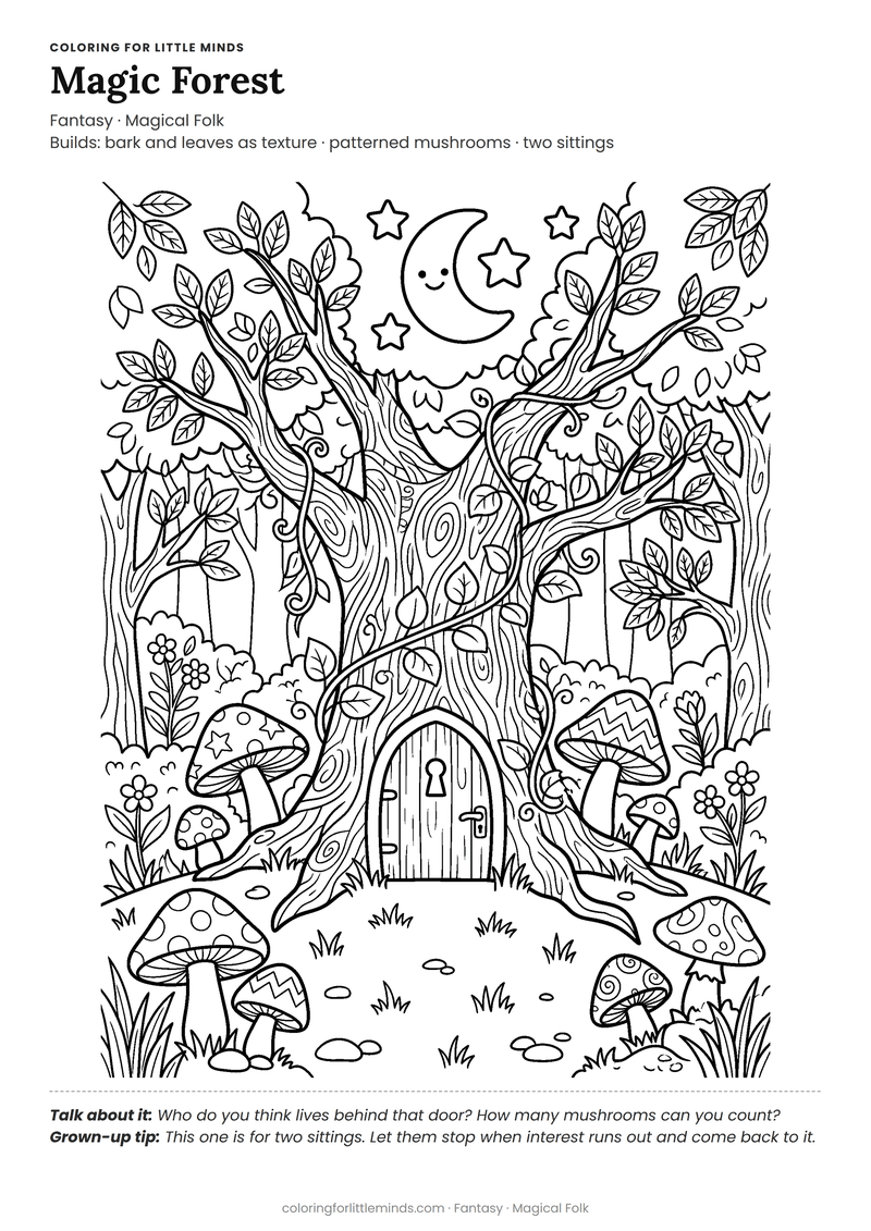 Magic forest coloring page for ages 6–8 — free full-size printable PDF