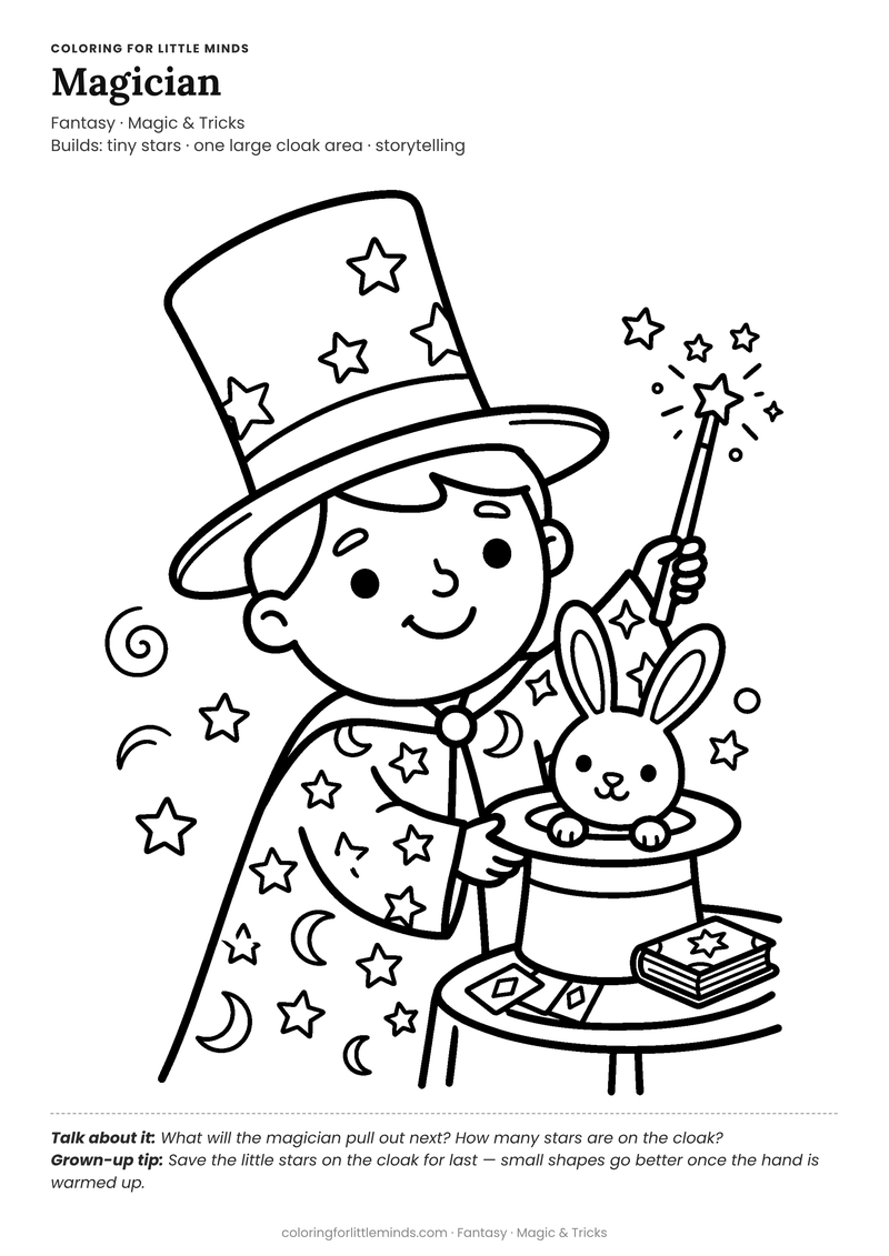 Magician coloring page for ages 5–6 — free full-size printable PDF