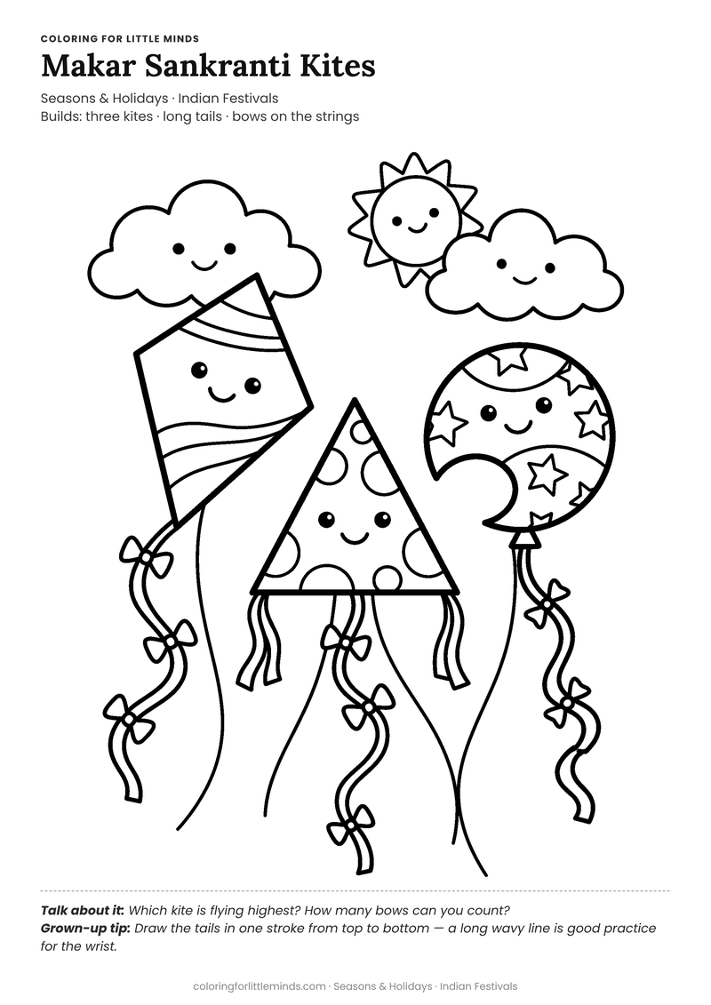 Makar sankranti kites coloring page for ages 4–5 — free full-size printable PDF