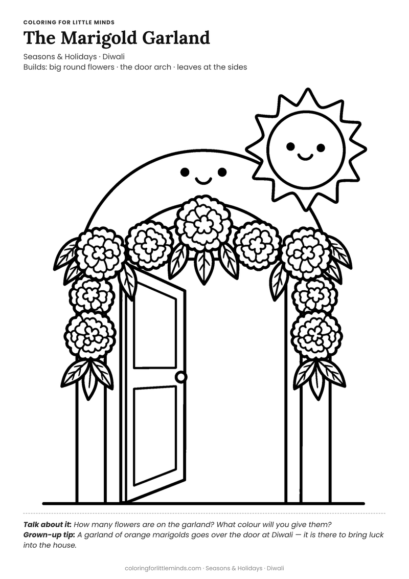 Marigold garland coloring page for ages 3–4 — free full-size printable PDF