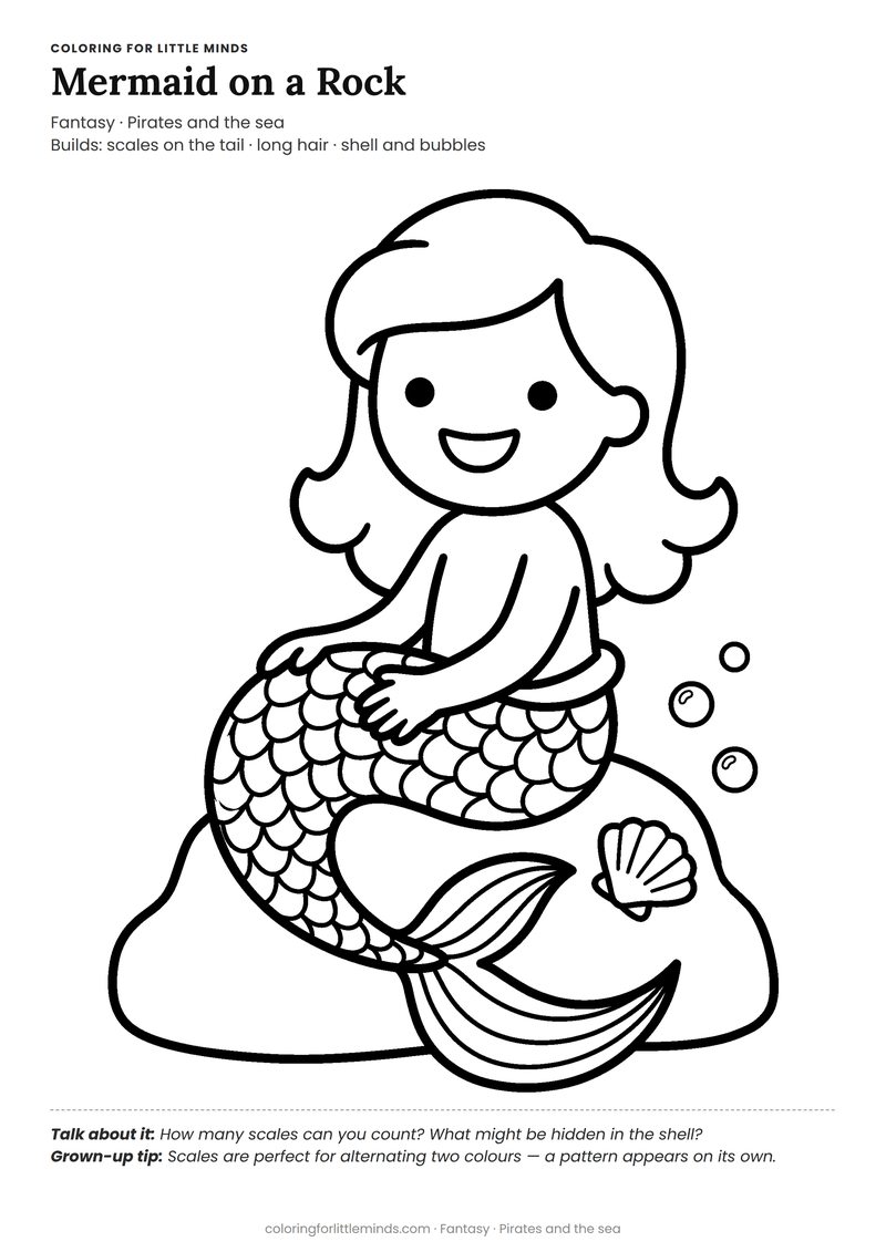 Mermaid coloring page for ages 5–6 — free full-size printable PDF