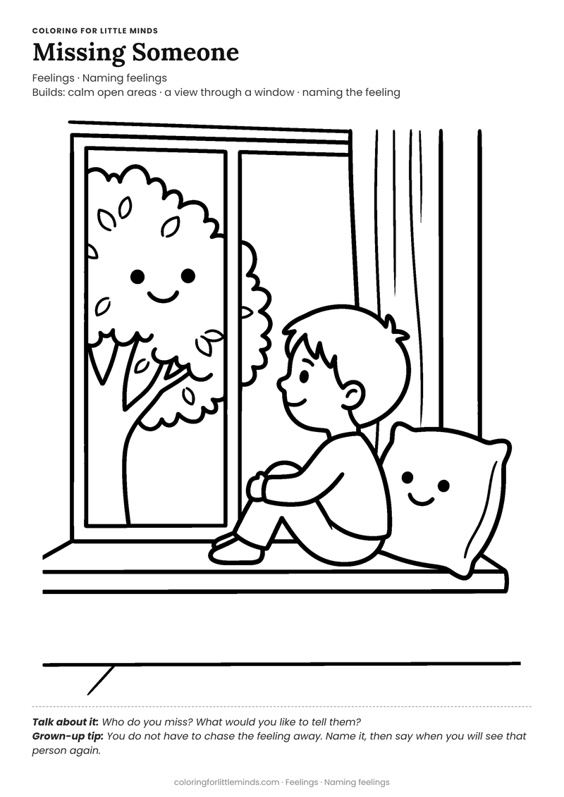 Missing someone coloring page for ages 4–5 — free full-size printable PDF