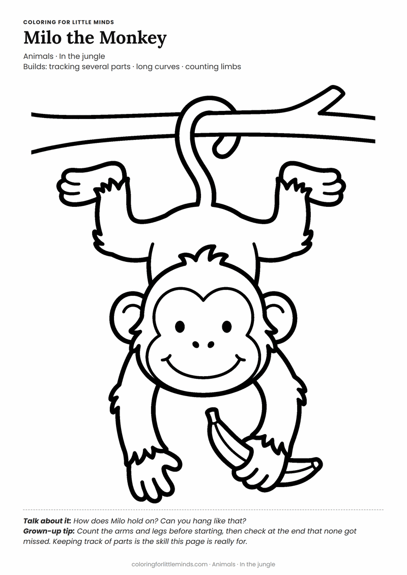 Monkey coloring page for ages 3–4 — free printable preview
