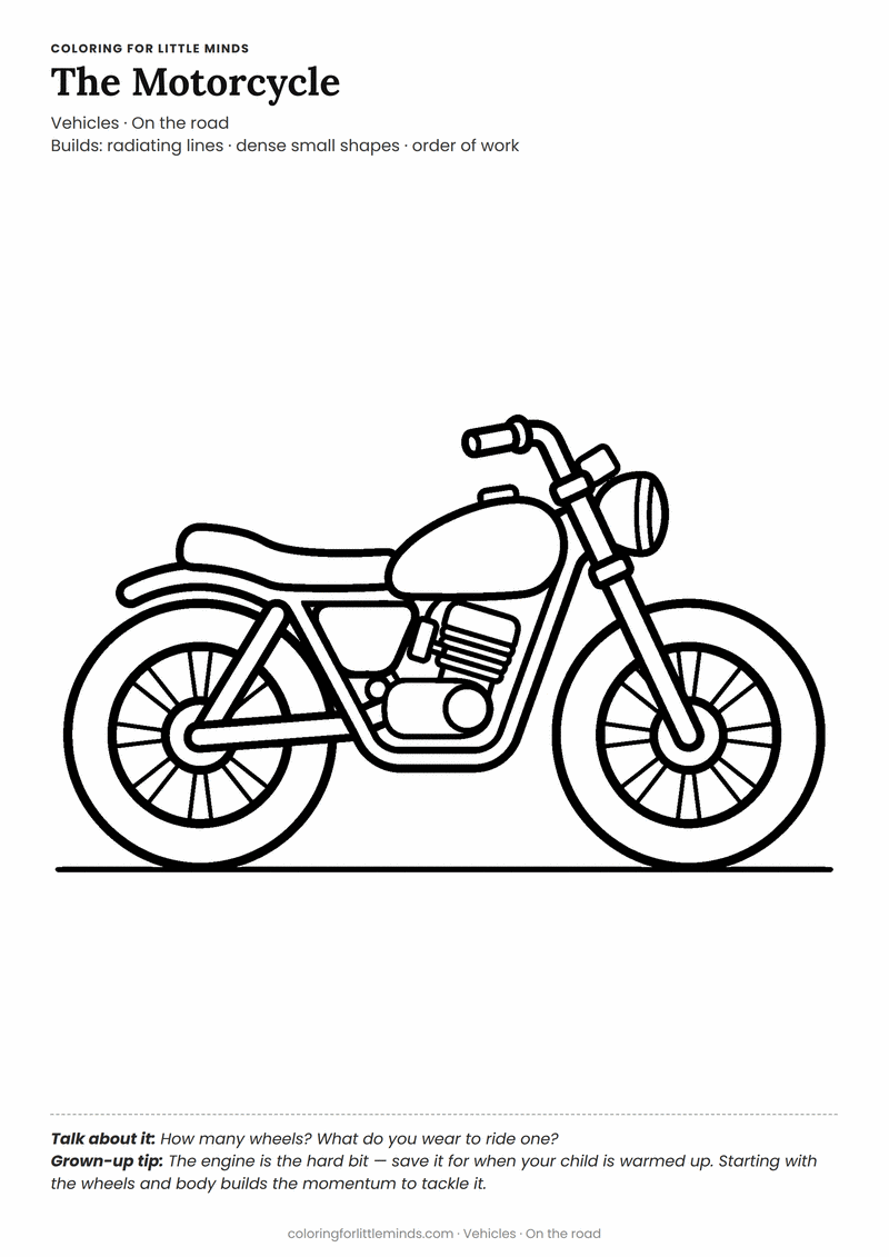 Motorcycle coloring page for ages 4–5 — free printable preview
