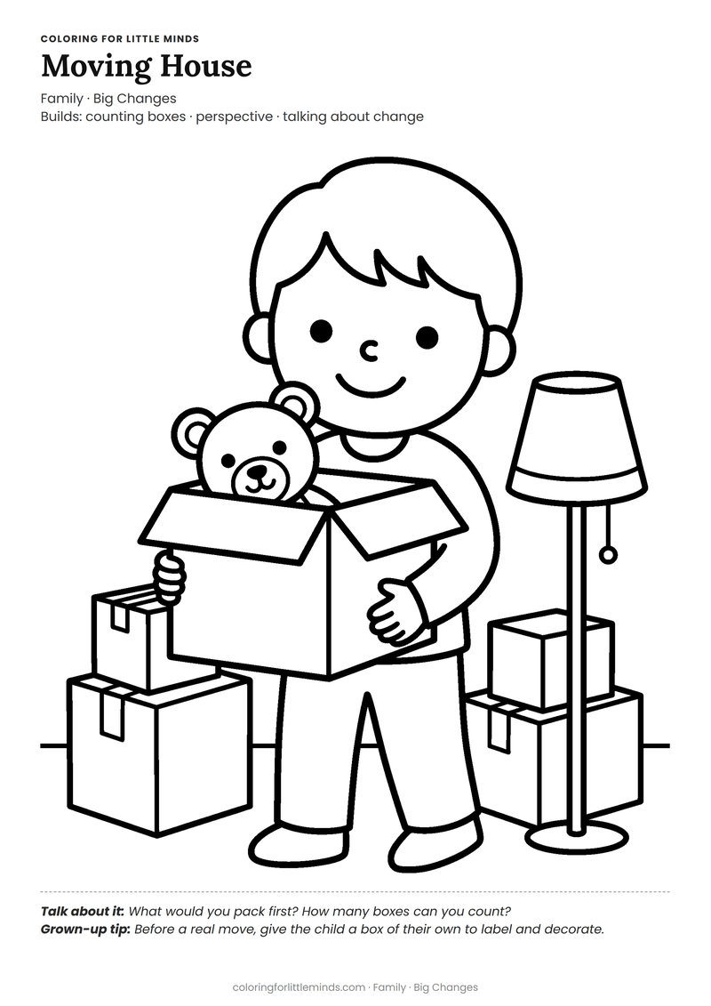 Moving house coloring page for ages 5–6 — free full-size printable PDF