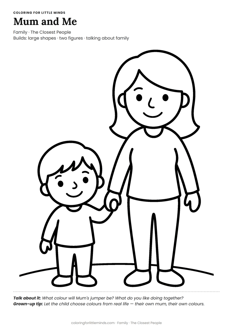 Mum coloring page for ages 3–4 — free full-size printable PDF