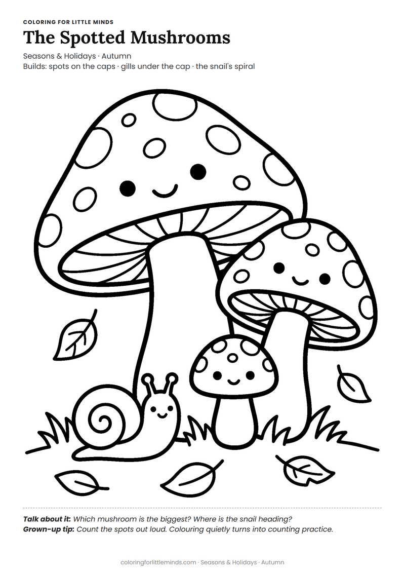 Mushroom coloring page for ages 4–5 — free full-size printable PDF