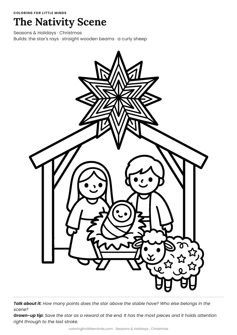 Nativity scene coloring page for ages 5–6 — free full-size printable PDF