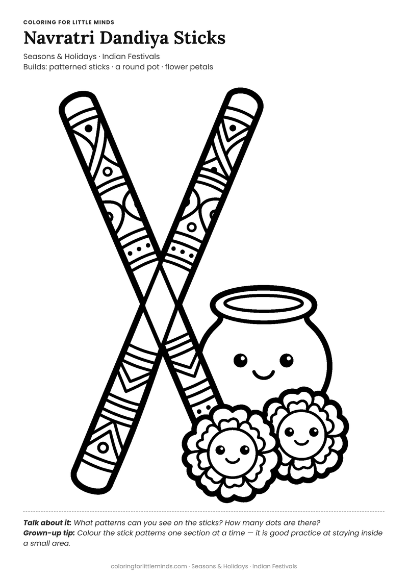 Navratri dandiya sticks coloring page for ages 4–5 — free full-size printable PDF