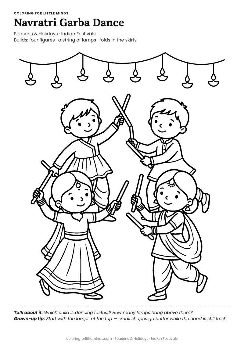 Navratri garba dance coloring page for ages 5–6 — free full-size printable PDF