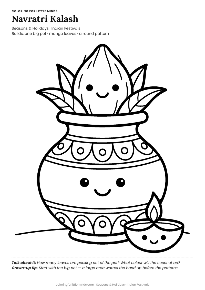 Navratri kalash pot coloring page for ages 3–4 — free full-size printable PDF