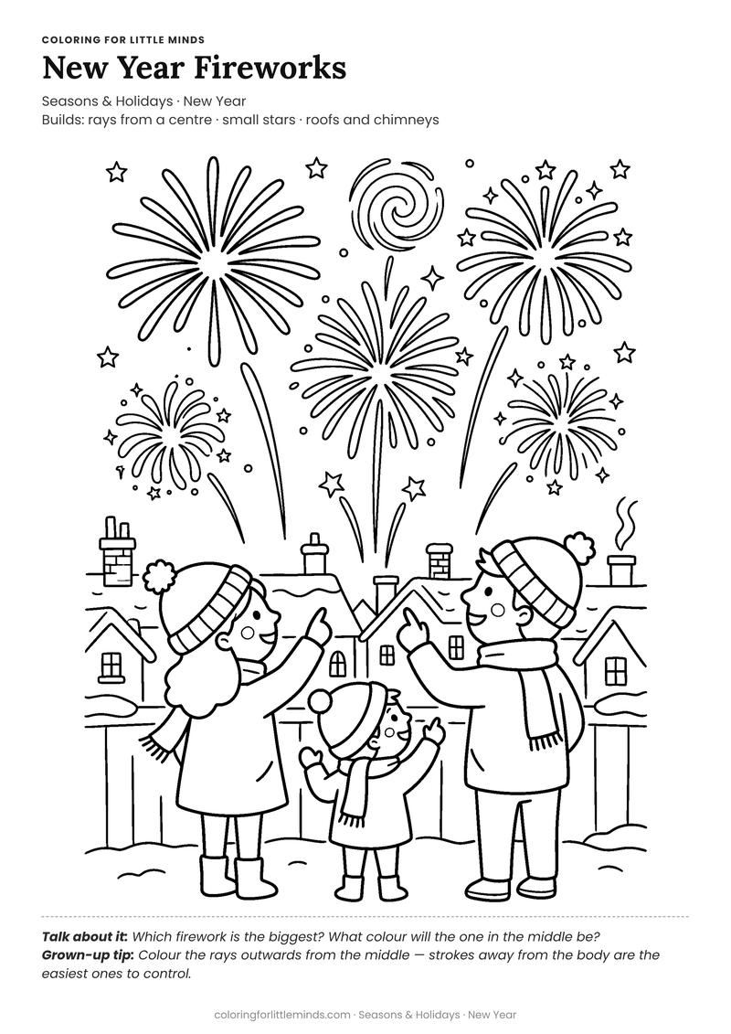 New year fireworks coloring page for ages 5–6 — free full-size printable PDF
