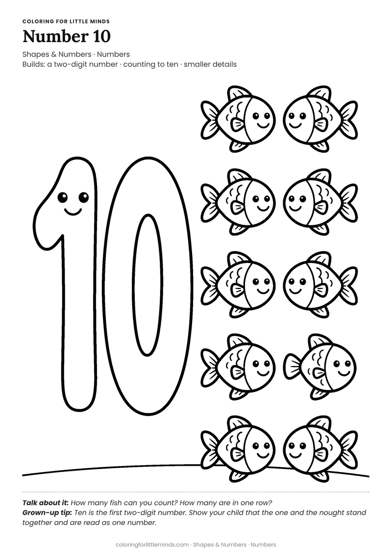 Number 10 coloring page for ages 5–6 — free full-size printable PDF