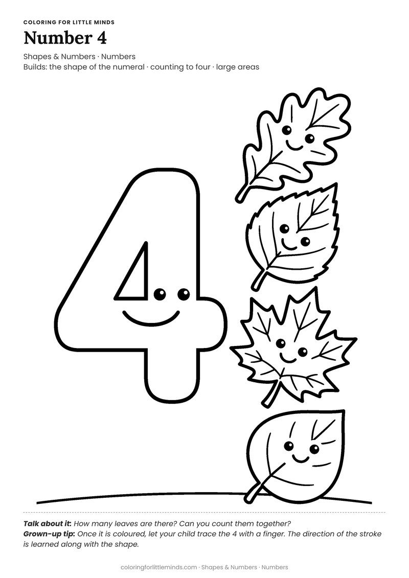 Number 4 coloring page for ages 4–5 — free full-size printable PDF