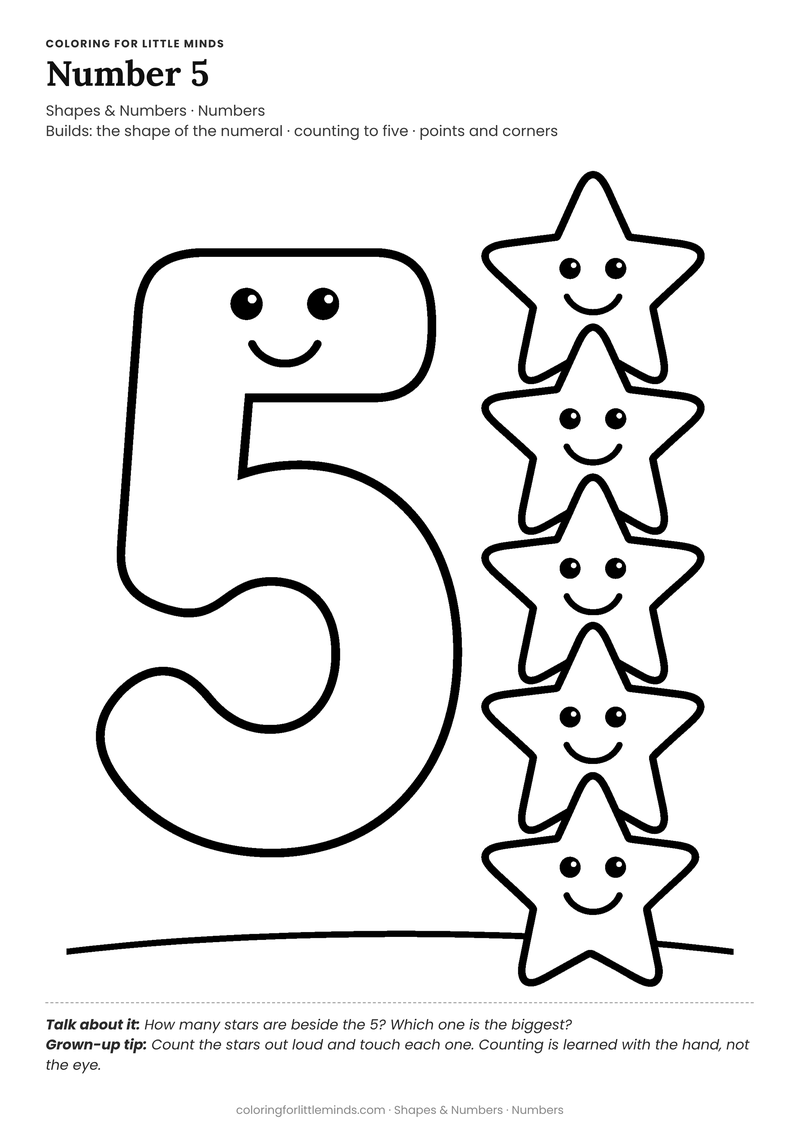 Number 5 coloring page for ages 4–5 — free full-size printable PDF