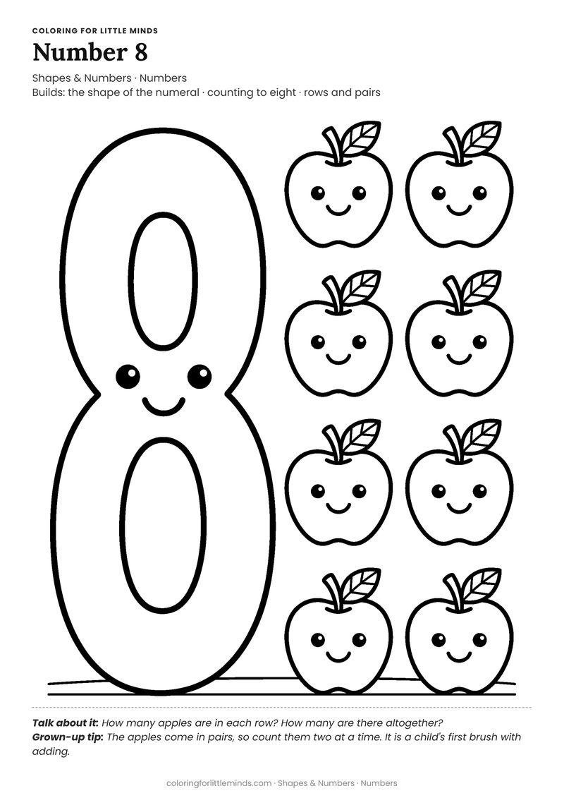 Number 8 coloring page for ages 5–6 — free full-size printable PDF
