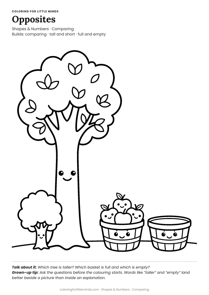 Opposites coloring page for ages 4–5 — free full-size printable PDF