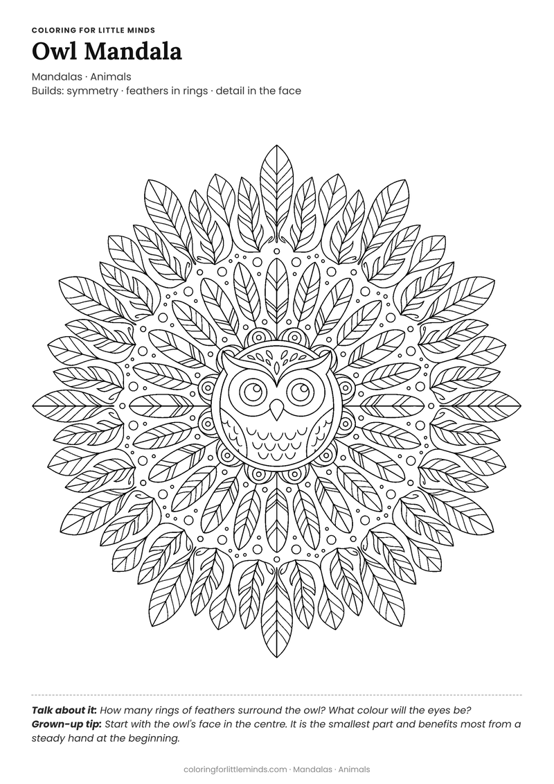 Owl mandala coloring page for ages 6–8 — free full-size printable PDF
