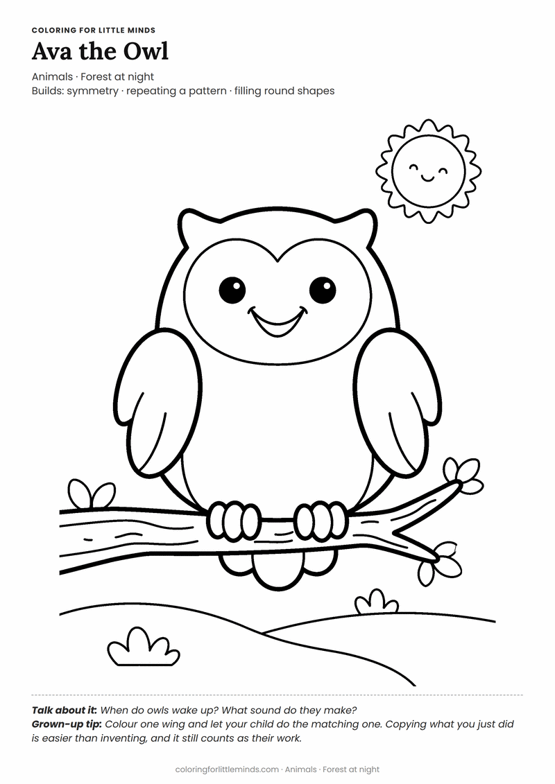 Owl coloring page for ages 3–4 — free printable preview