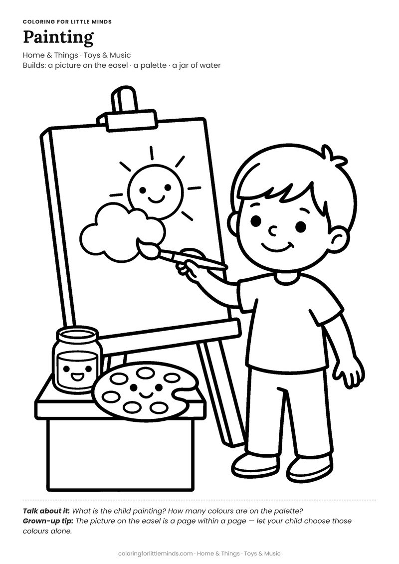 Painting coloring page for ages 4–5 — free full-size printable PDF