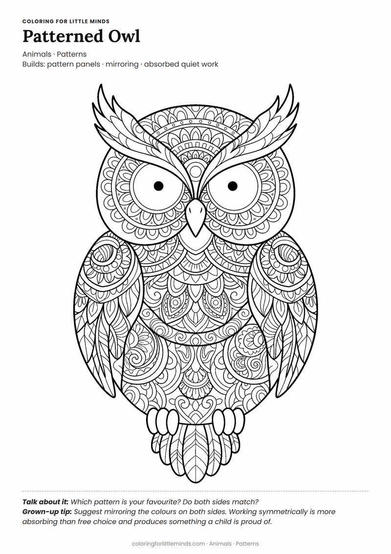 Patterned owl coloring page for ages 6–8 — free printable preview
