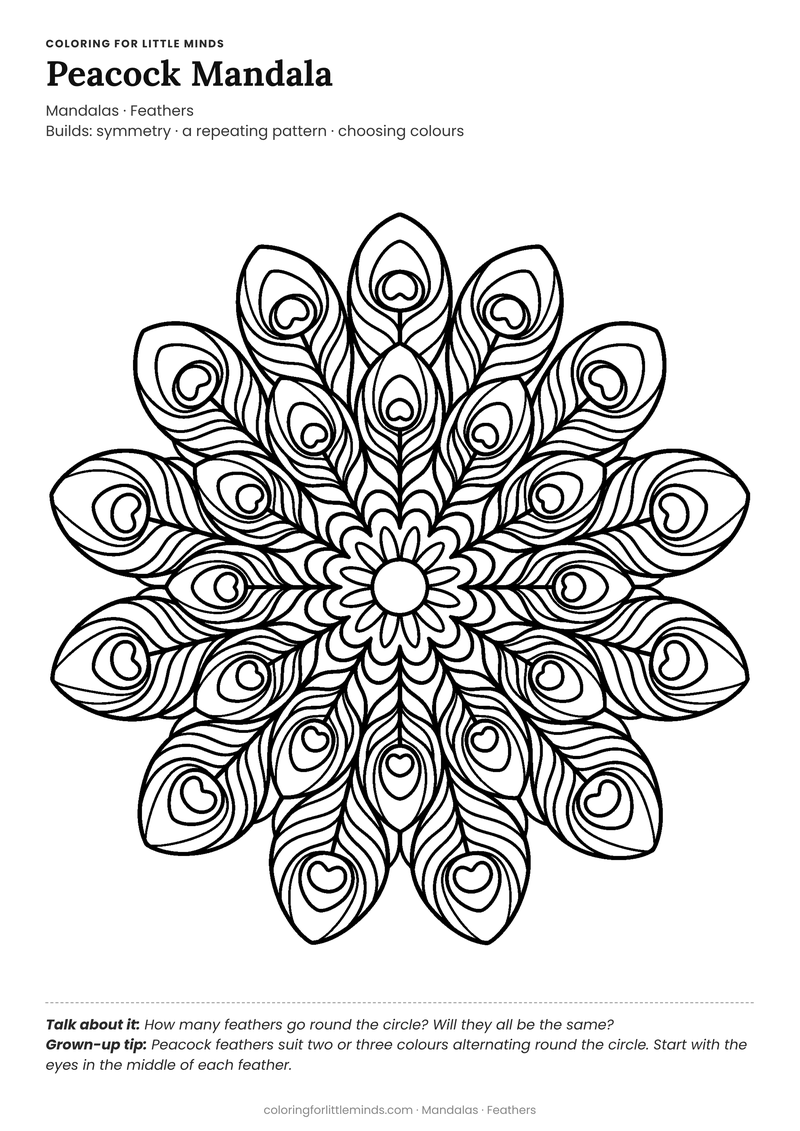 Peacock mandala coloring page for ages 6–8 — free full-size printable PDF