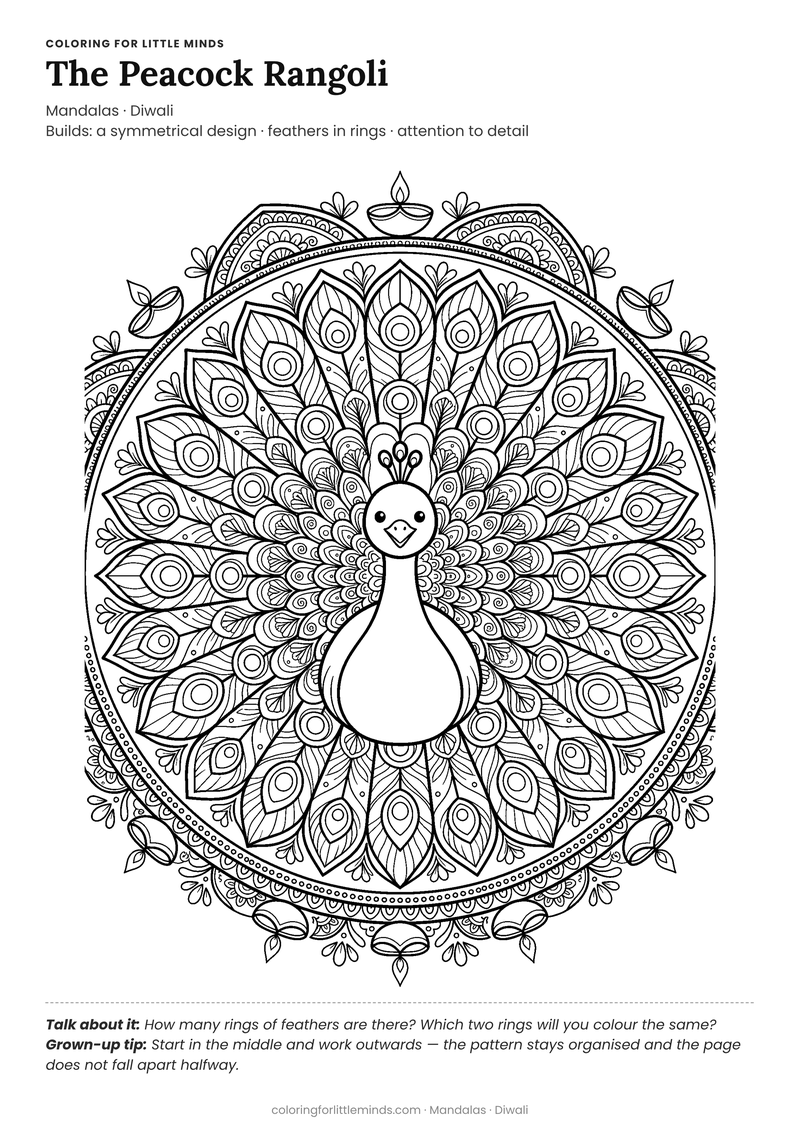 Peacock rangoli coloring page for ages 6–8 — free full-size printable PDF