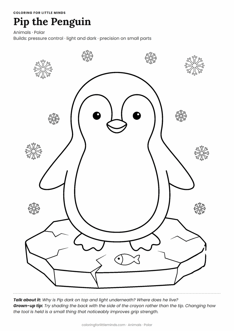 Penguin coloring page for ages 5–6 — free printable preview