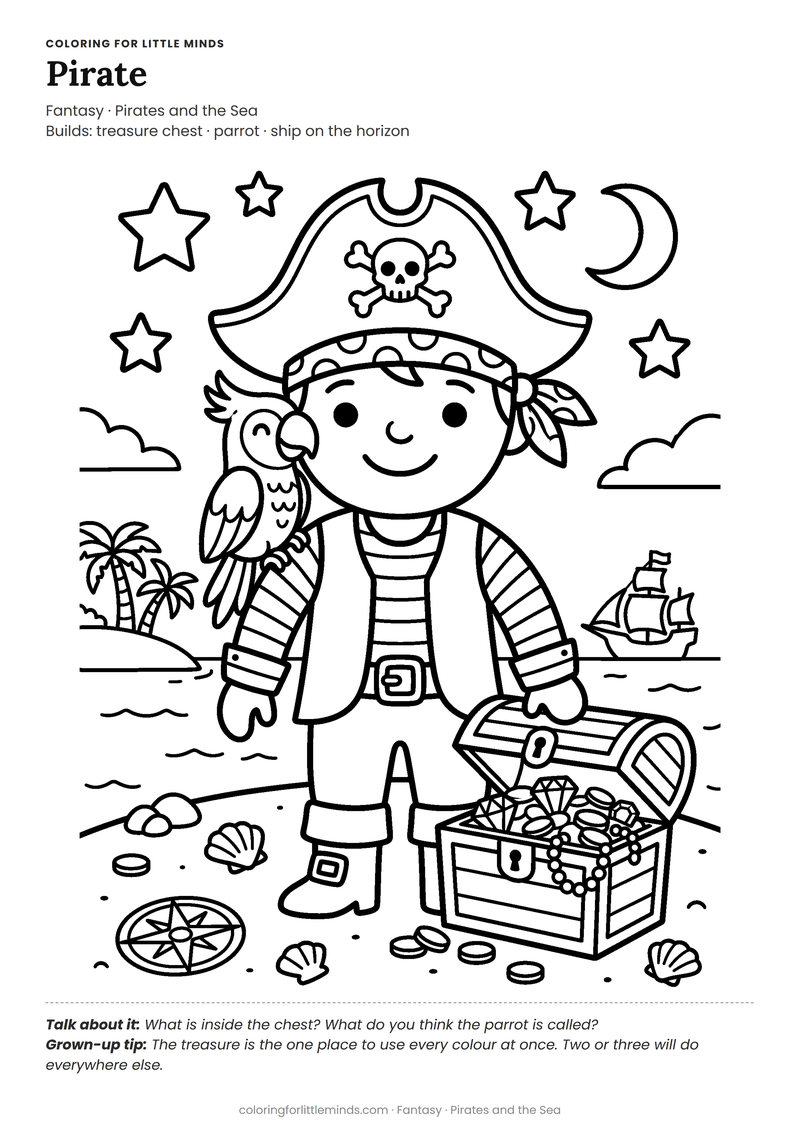 Pirate coloring page for ages 5–6 — free full-size printable PDF