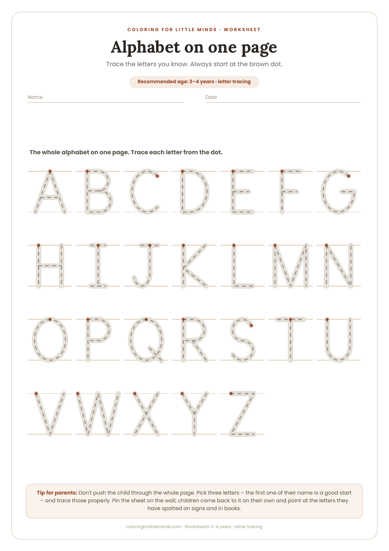 Alphabet on one page – worksheet for ages 3–4, preview